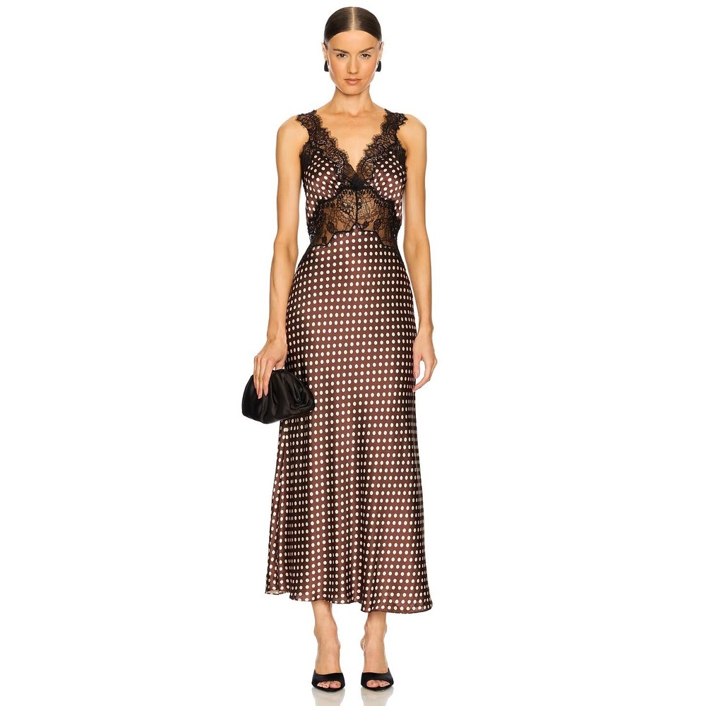 Ronny Kobo Holiday Dress Sleeveless V-Neck Lace Trim Midi Brown Polka Dot Medium
